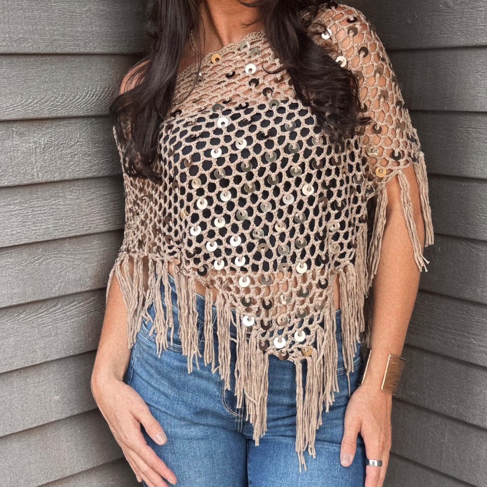Fringed Sequin Poncho Top